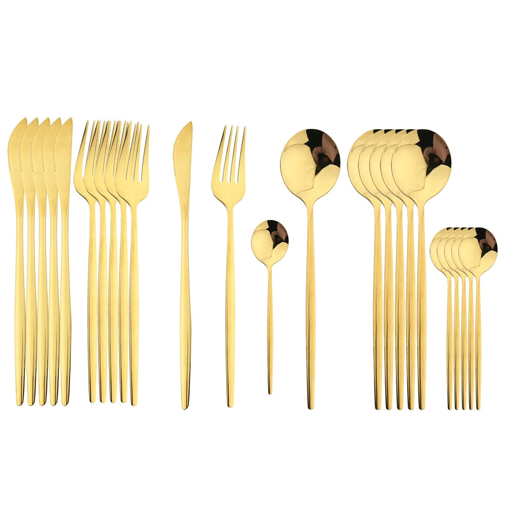 24Pcs Black Handle Gold Cutlery Set