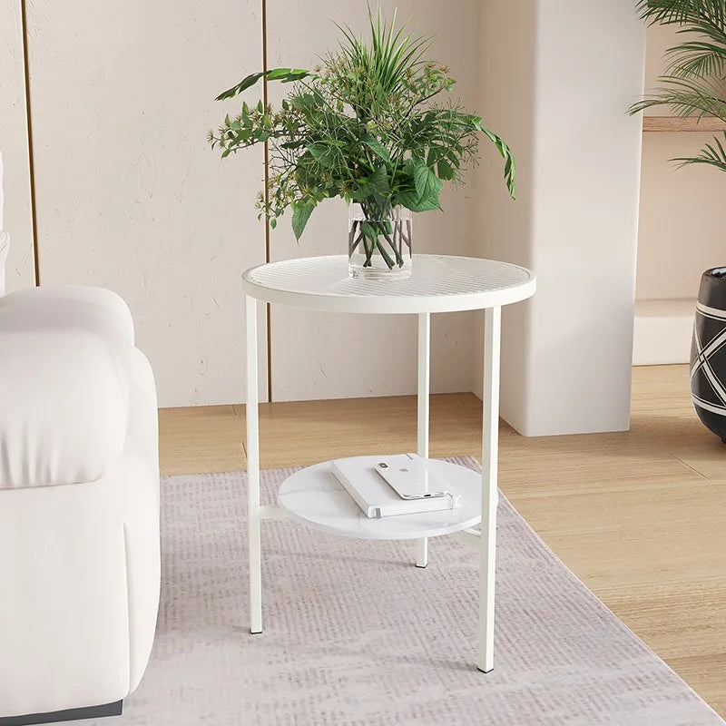 Light luxury living room, small round table next to sofa, simple shelf, creative mini balcony, leisurely small side corner