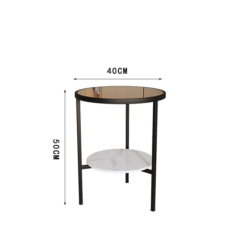 Light luxury living room, small round table next to sofa, simple shelf, creative mini balcony, leisurely small side corner