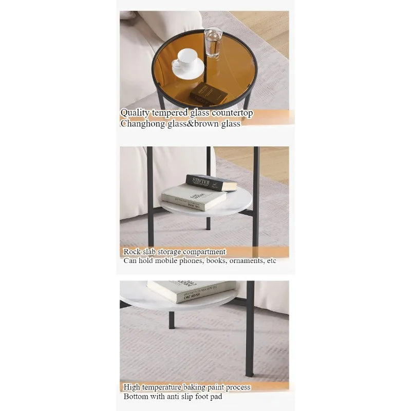 Light luxury living room, small round table next to sofa, simple shelf, creative mini balcony, leisurely small side corner