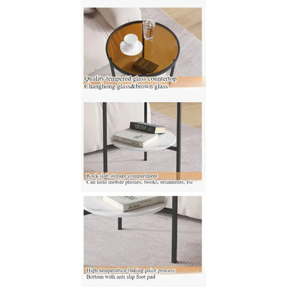 Light luxury living room, small round table next to sofa, simple shelf, creative mini balcony, leisurely small side corner