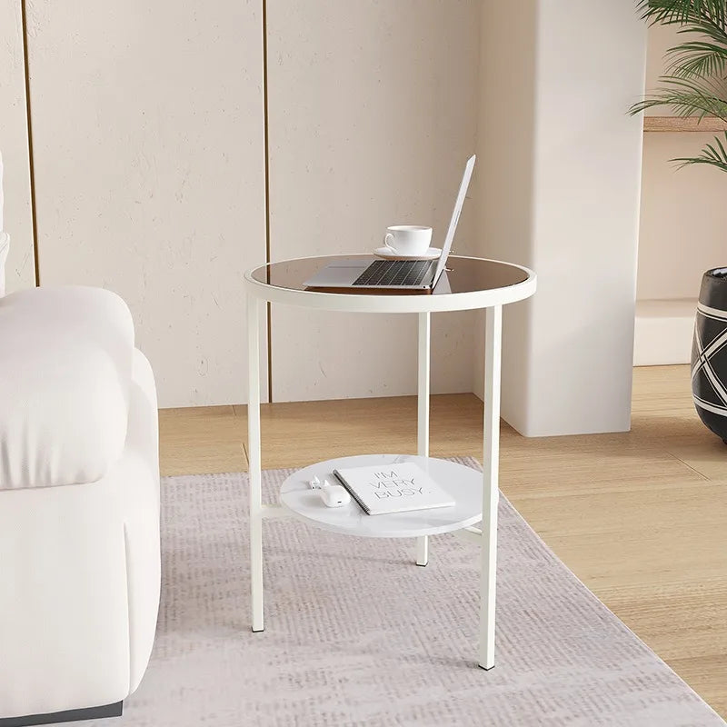 Light luxury living room, small round table next to sofa, simple shelf, creative mini balcony, leisurely small side corner