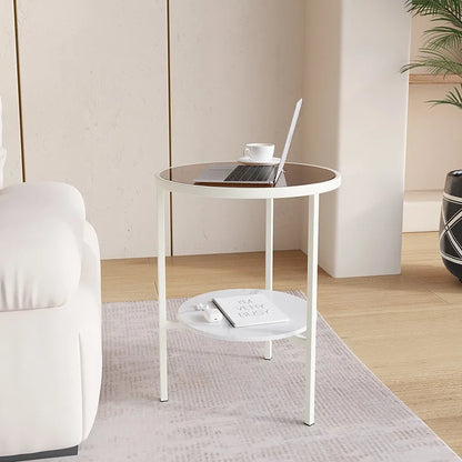 Light luxury living room, small round table next to sofa, simple shelf, creative mini balcony, leisurely small side corner