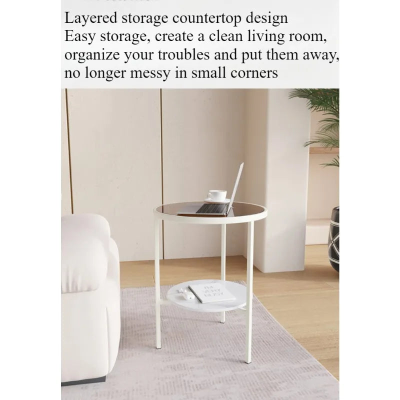 Light luxury living room, small round table next to sofa, simple shelf, creative mini balcony, leisurely small side corner