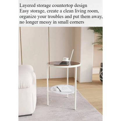 Light luxury living room, small round table next to sofa, simple shelf, creative mini balcony, leisurely small side corner