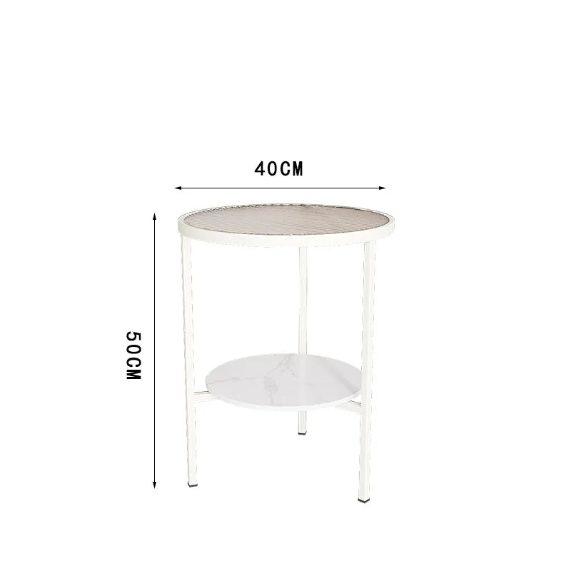 Light luxury living room, small round table next to sofa, simple shelf, creative mini balcony, leisurely small side corner