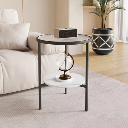 Light luxury living room, small round table next to sofa, simple shelf, creative mini balcony, leisurely small side corner