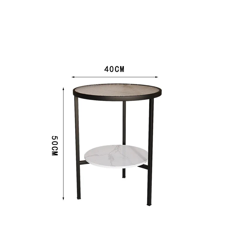 Light luxury living room, small round table next to sofa, simple shelf, creative mini balcony, leisurely small side corner