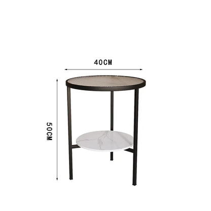 Light luxury living room, small round table next to sofa, simple shelf, creative mini balcony, leisurely small side corner