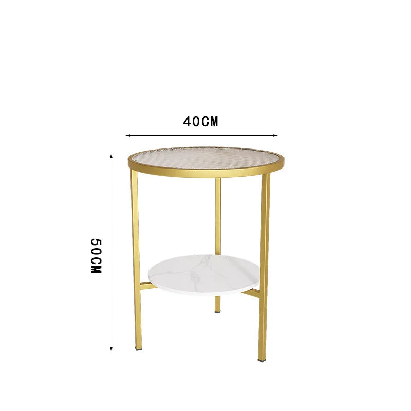 Light luxury living room, small round table next to sofa, simple shelf, creative mini balcony, leisurely small side corner