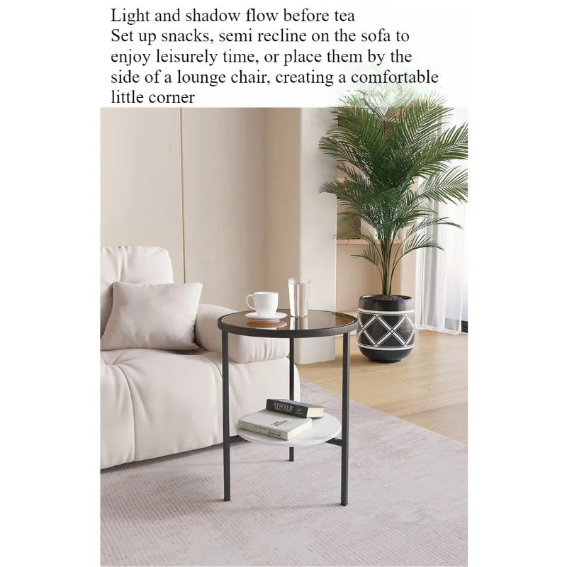 Light luxury living room, small round table next to sofa, simple shelf, creative mini balcony, leisurely small side corner