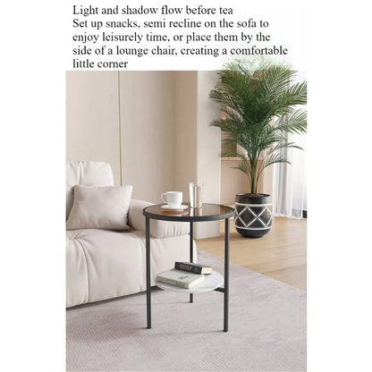 Light luxury living room, small round table next to sofa, simple shelf, creative mini balcony, leisurely small side corner