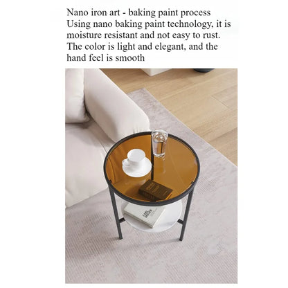 Light luxury living room, small round table next to sofa, simple shelf, creative mini balcony, leisurely small side corner