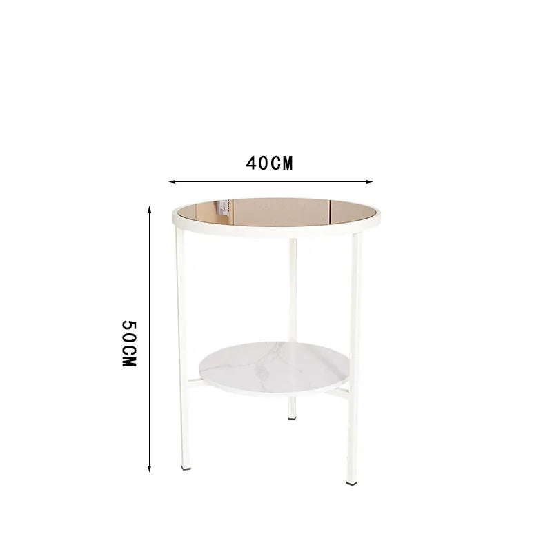 Light luxury living room, small round table next to sofa, simple shelf, creative mini balcony, leisurely small side corner