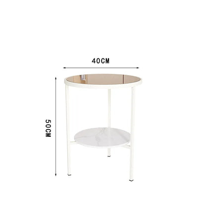 Light luxury living room, small round table next to sofa, simple shelf, creative mini balcony, leisurely small side corner