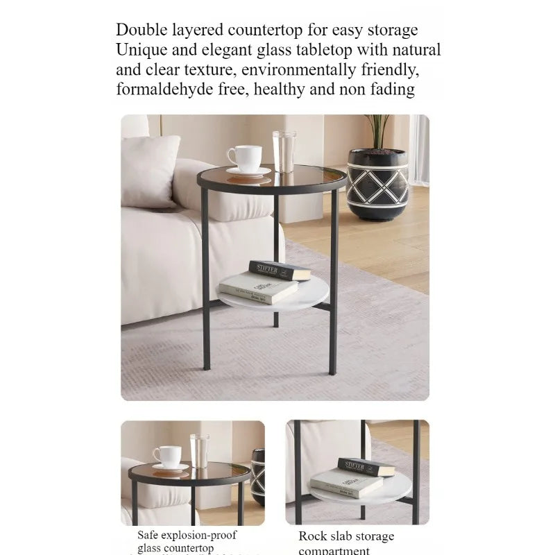 Light luxury living room, small round table next to sofa, simple shelf, creative mini balcony, leisurely small side corner